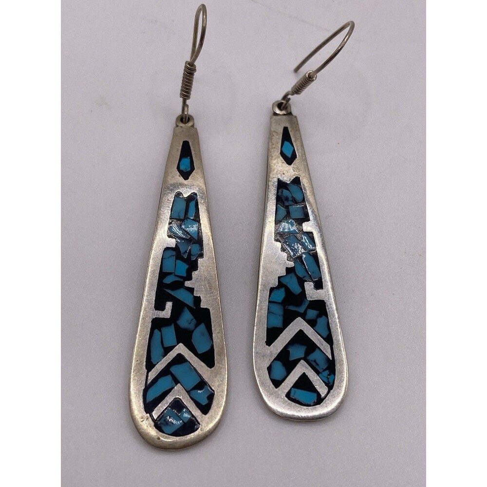 Vintage Mexico Sterling Silver Inlaid Turquoise Large Teardrop Dangle Earrings